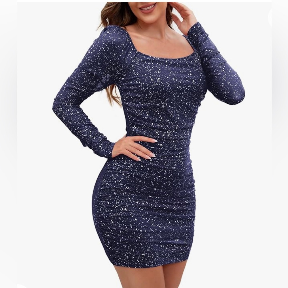 Mxrag Women's Square Neck Sparkly Dress Knitted Mesh Long Sleeve